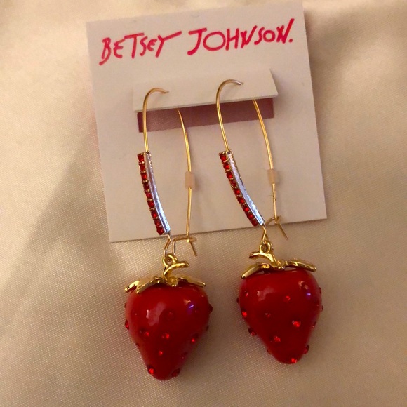 Betsey Johnson Gold Tone Babycakes Red Strawberry Drop Earrings Crystal NWT - Picture 8 of 11